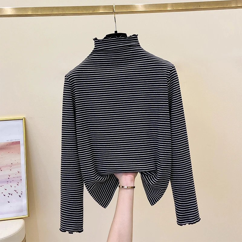 Winter Fall Knit T-shirt Hot Sell Long Sleeves Stand Collar Long Sleeves Stripe Printing Warm Women Top