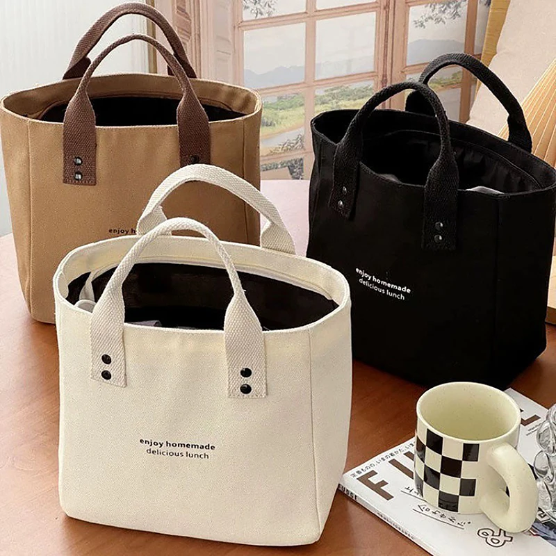 Solid Color Women Tote Bags Portable Reusable Canvas Shopping Bag Large Capacity Lunch Bags