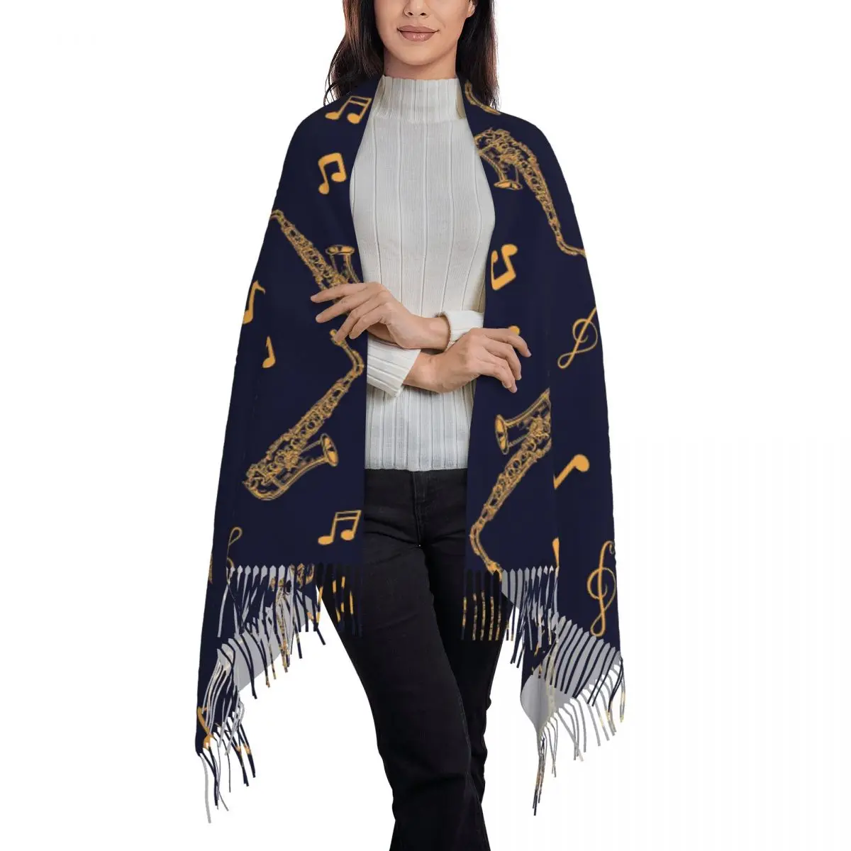 Musical Saxophone Pattern Scarf Tassel Scarves Women Soft Warm Shawls and Wraps Long Fall Winter Shawl Wrap