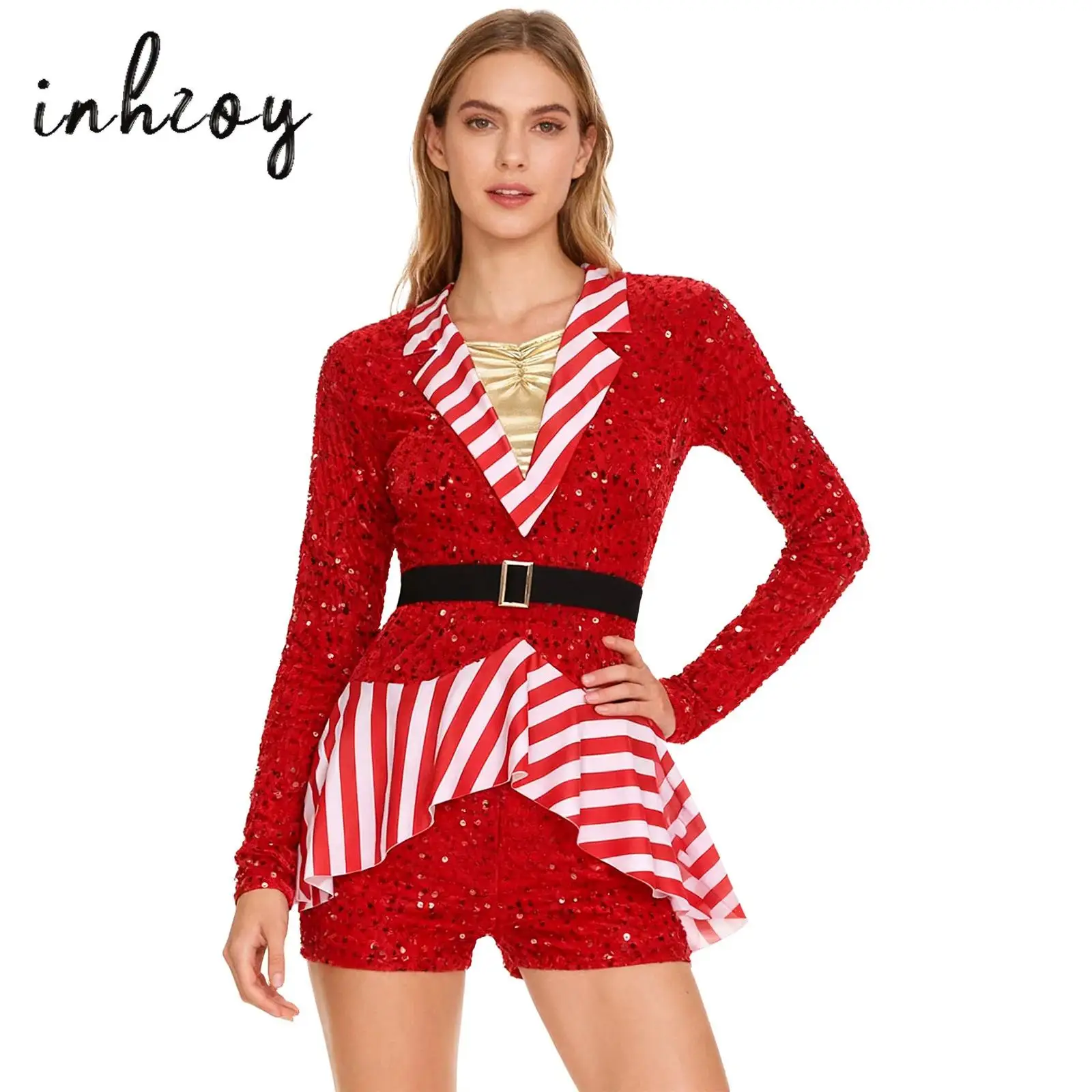 

Women's Christmas Candy Cane Dress-up Jumpsuit Stripe Sequined Velvet Patchwork Boyshorts Bodysuit for Circus Cosplay Xmas Party