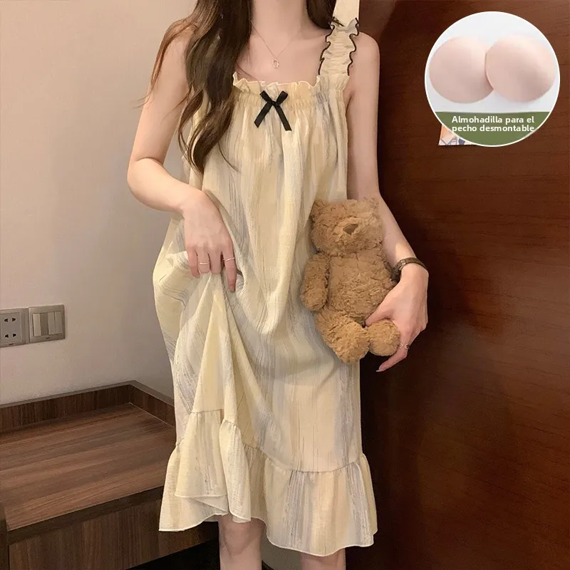 Summer New plus Size Women's Sleepwear with Chest Pad Strap Long Dress Style Home Clothes  Knot Sweet Style Pure Color
