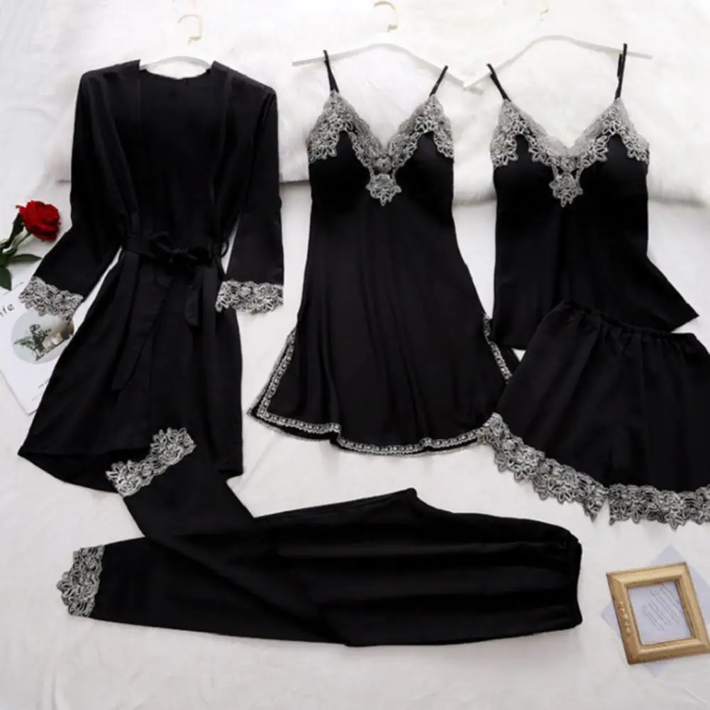 Women Satin Pajama Set Elegant Satin Lace Patchwork Pajama Set with Lace-up Waist 5 Piece Women\'s Nightwear Set Silky Homewear