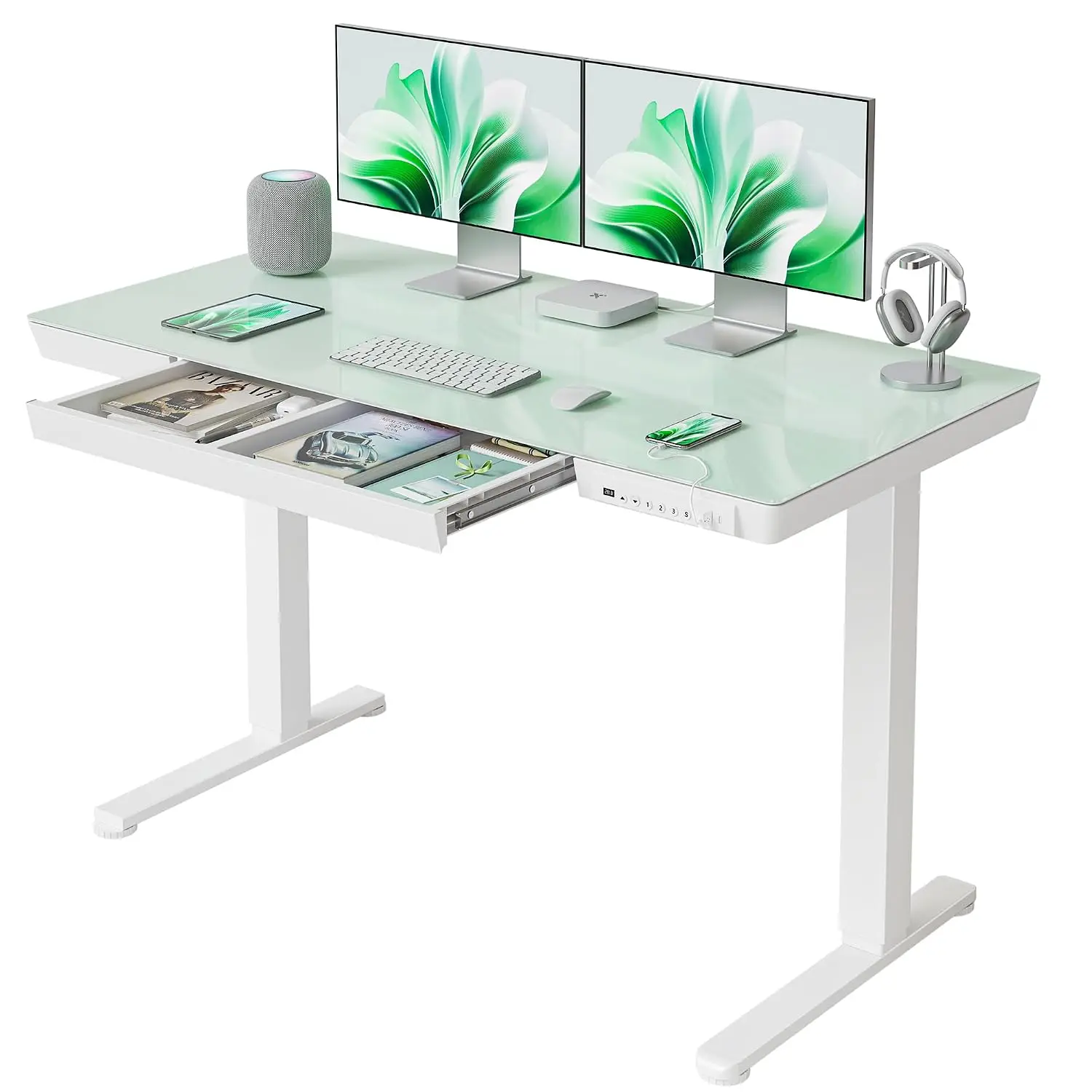 Glass Electric Standing Desk With Drawer Adjustable Height Quick Install Sit Stand Home Office 48×24 White, Customized