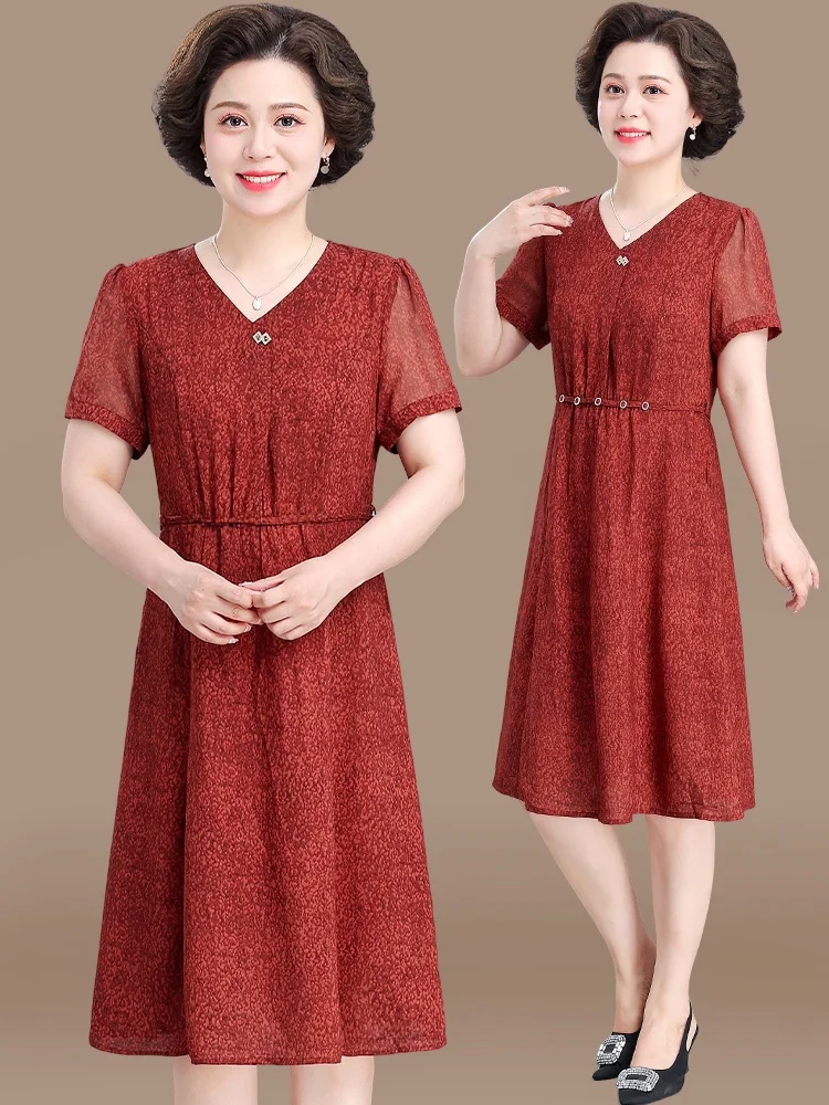 

Модное женское вечернее платье миди из шифона с V-образным вырезом для женщин среднего возраста, летняя коллекция 2025 года, новинка