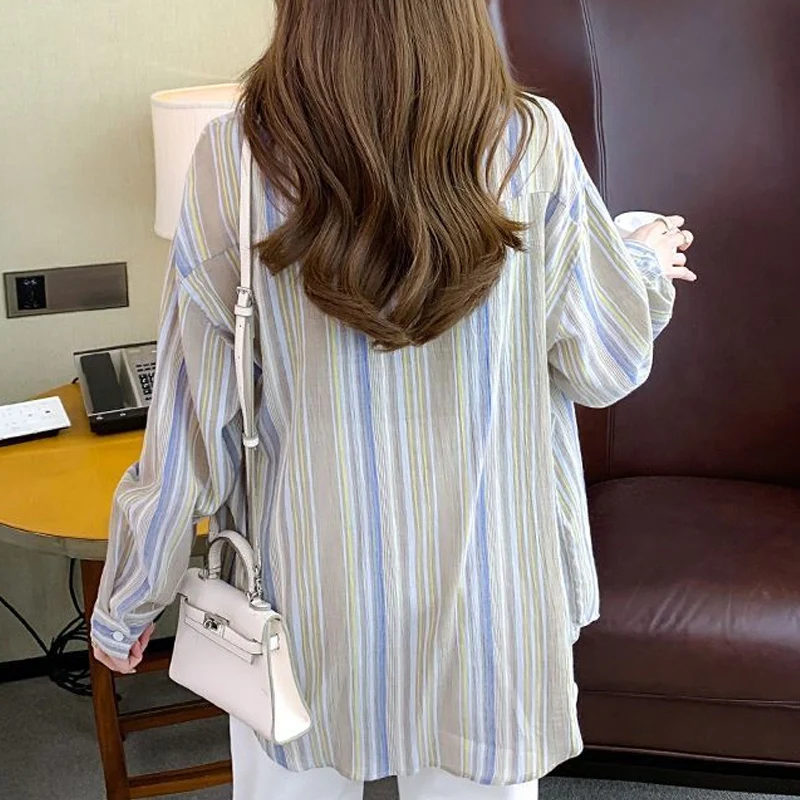 Spring Autumn Striped Contrast Color Shirt Women Turn-down Collar Fashion Long Sleeve Button Patchwork Cardigan Elegant Y2K Tops