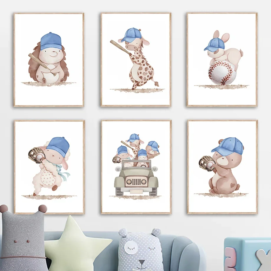 Baseball Sport Hedgehog Giraffe Rabbit Nursery Wall Art Canvas Painting Nordic Posters And Prints Wall Pictures Kids Room Decor