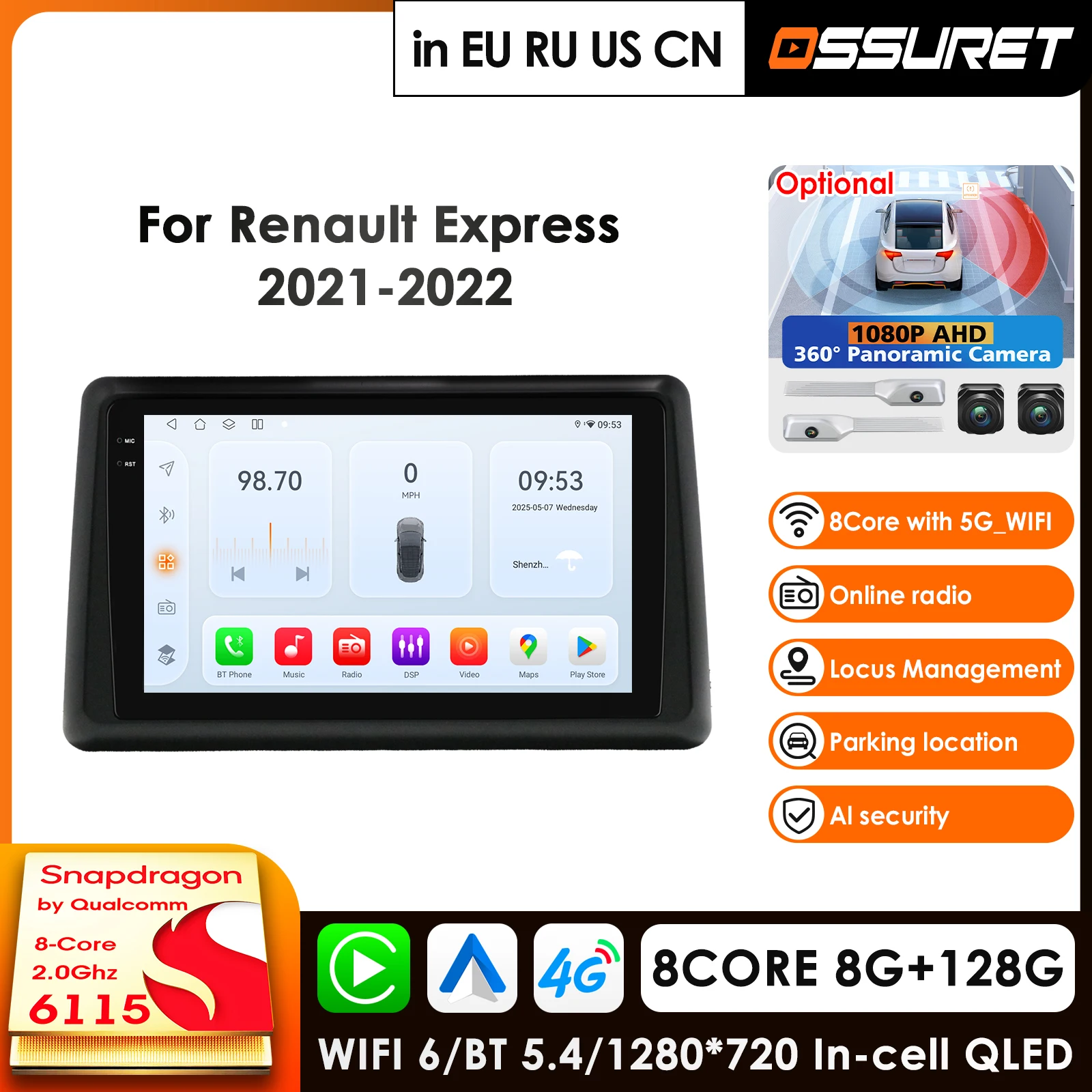 9'' Car Radio For Renault Express 2021-2022 Audio Multimedia Player CarPlay Android Auto GPS Bluetooth WIFI FM RDS Autoradio AI