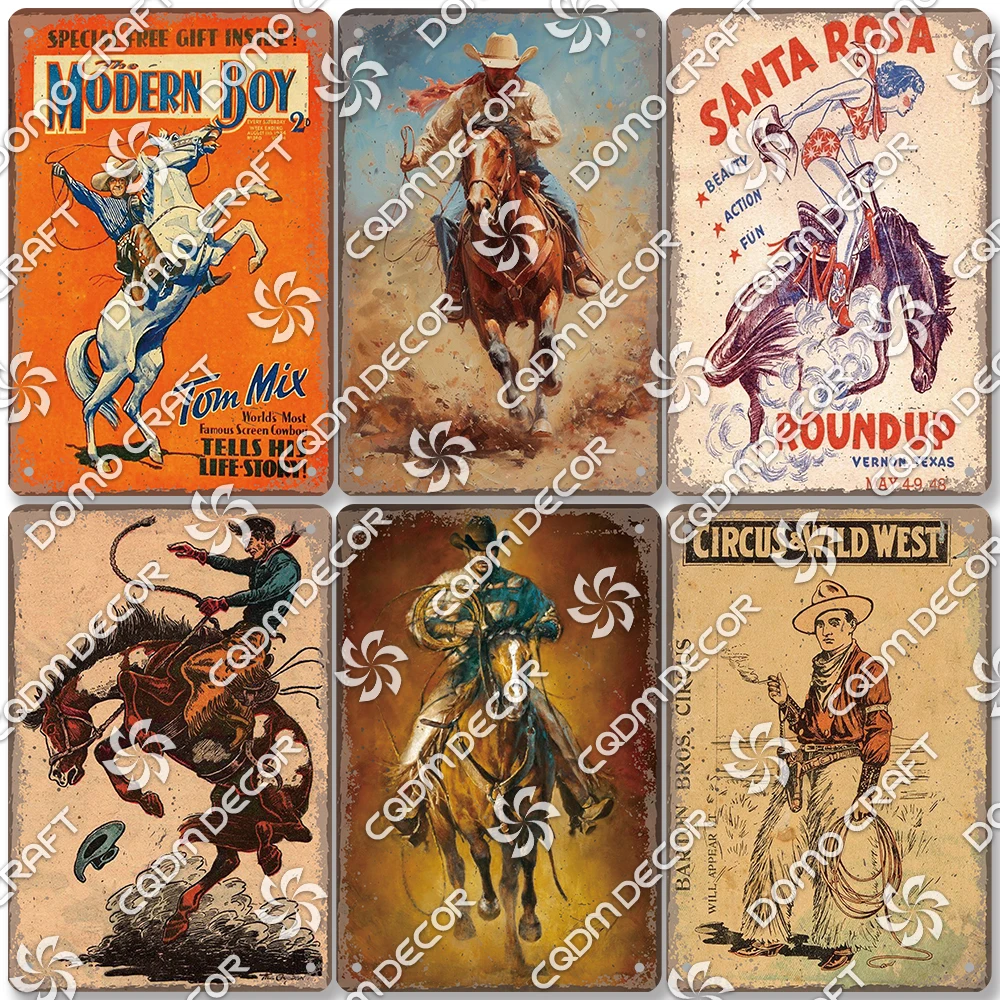 West Cowboy Plates Tin Signs, Vintage Rodeo Metal Poster, Retro Wild West Plaque, Jockey Club, Home Wall Decor