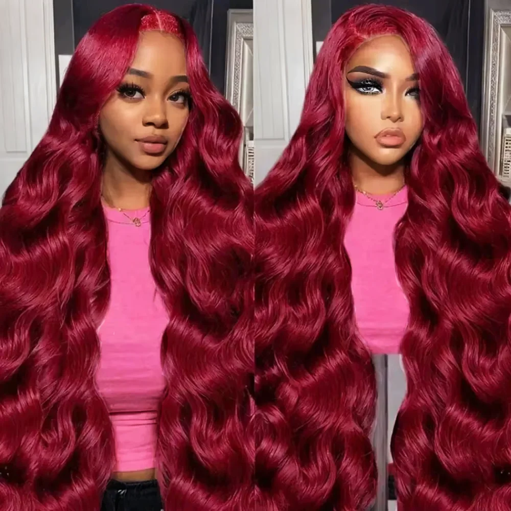 99j 36 inch Body Wave Burgundy Red Colored Hair Wigs 200 Density 13x6 HD Transparent Lace Frontal Wig 99J 100% Human Hair Wigs