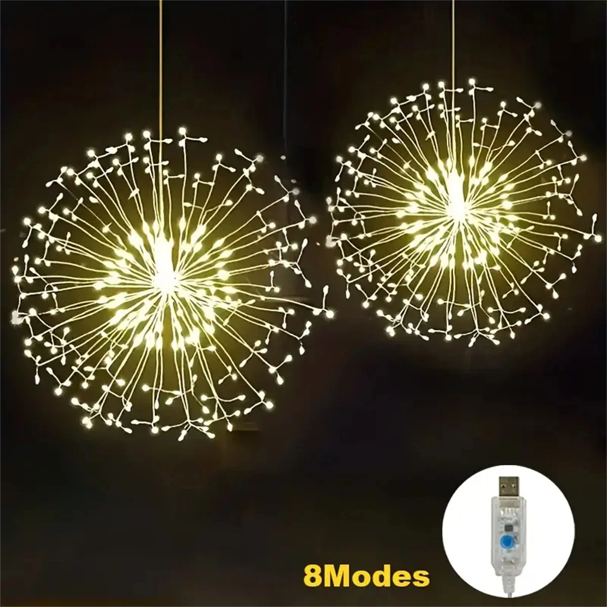 4 قطع/مجموعة 360 مصباح LED للألعاب النارية على شكل شجرة معلقة USB، متوفر بألوان فاتحة بيضاء دافئة وملونة، يستخدم لتزيين الحديقة