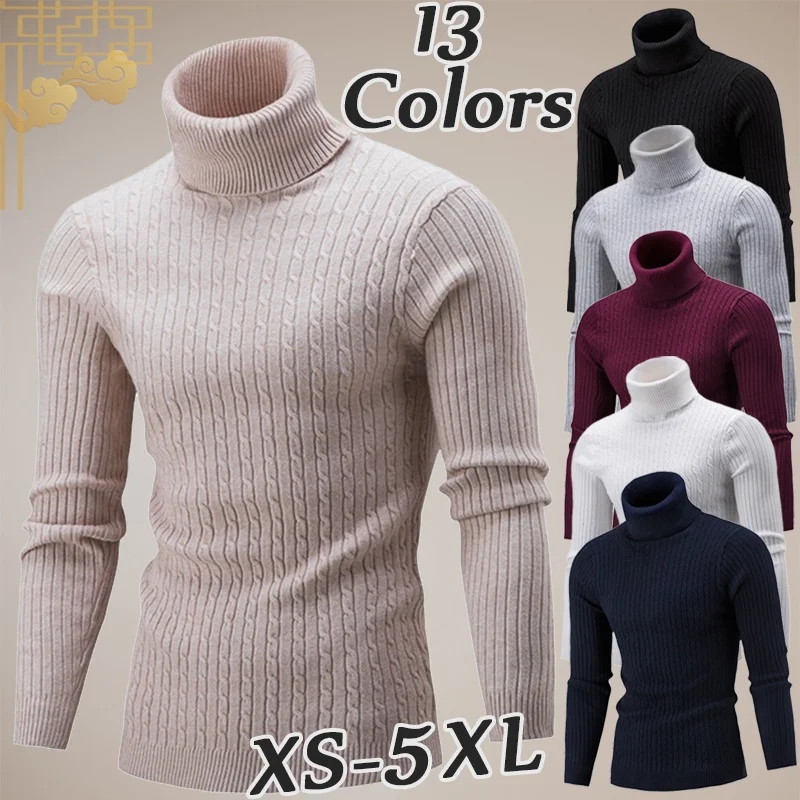 Men\'s Casual Turtleneck Pullover Sweaters Long Sleeve Slim Fit Solid Color Sweater Tops