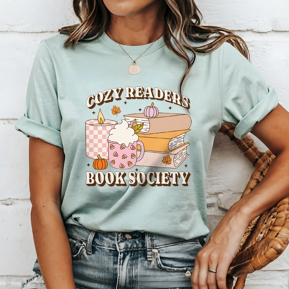 Bookish T-Shirt Cozy Readers Book Society Shirt Trendy Autumn Shirts Fall Vibes Top Book Lover Tshirt Women’s Graphic Clothes