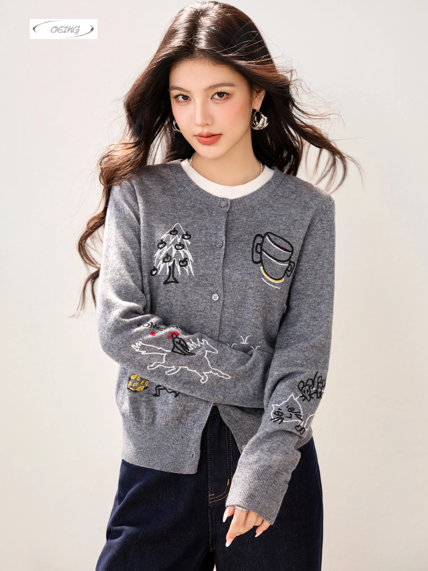 

Elegant Chic Embroidery Gray Cardigan Knitted Swater Jacket Women Autumn Elegant French Style Long Sleeve Tops Knitwear 6038