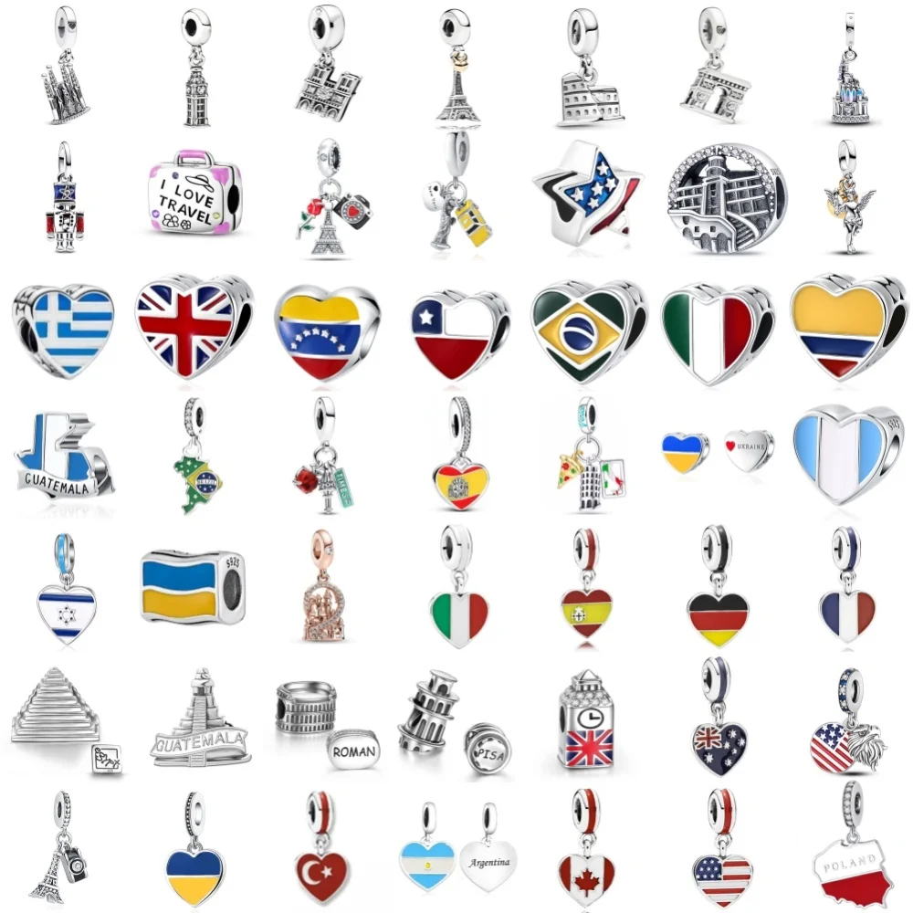 Colgante de plata s925 con bandera nacional de Dominie brasileño, Gran Bretaña, España, cuentas de construcción compatibles con Pulsera Original, accesorios de joyería