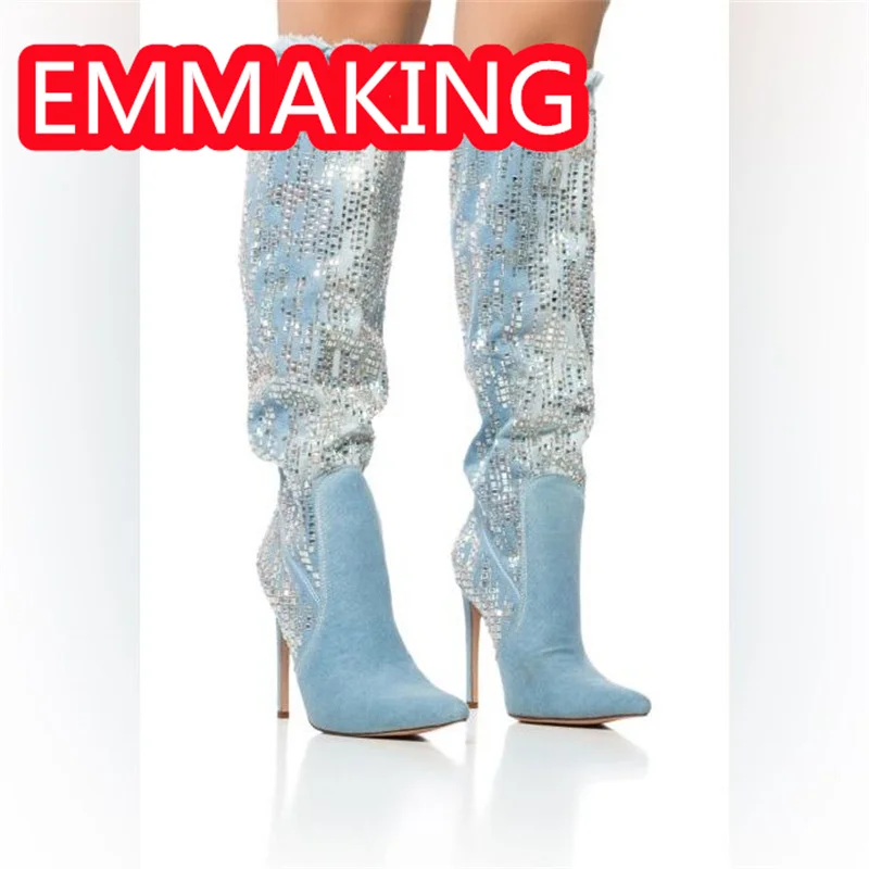 Demin azul peep toe diamantes senhoras inverno botas longas 2024 mulheres borlas de cristal zíper lateral blingbling moda botas sapatos