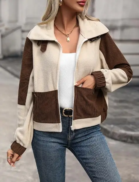 

Осень-зима 202, новое повседневное элегантное пальто в минималистском стиле, теплая флисовая куртка на молнии с цветными блоками для женской одежды