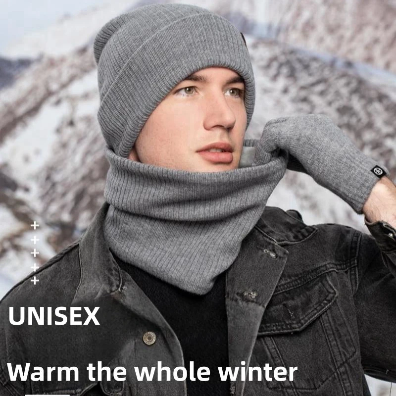 

3-piece Winter Set Hat Scarves Touch Screen Gloves Knitted Warm Men Women Fashion Thick Velvet Lining Neck Outdoor Riding Sets