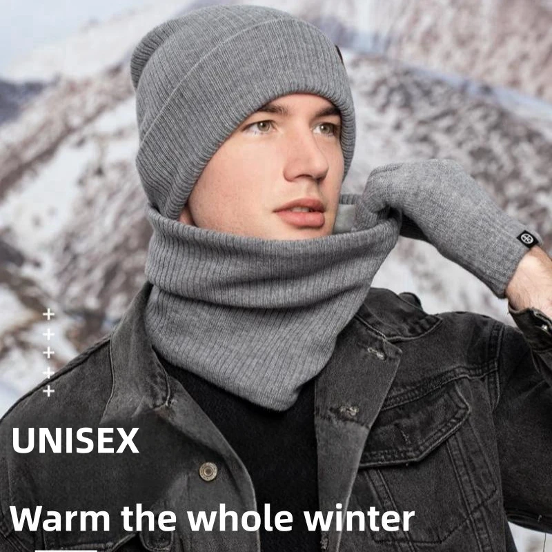 Conjunto de 3 piezas de invierno para hombres y mujeres, gorro, bufandas, guantes de pantalla táctil, punto, cálido, forro de terciopelo grueso, cuello, conjuntos de equitación al aire libre, moda