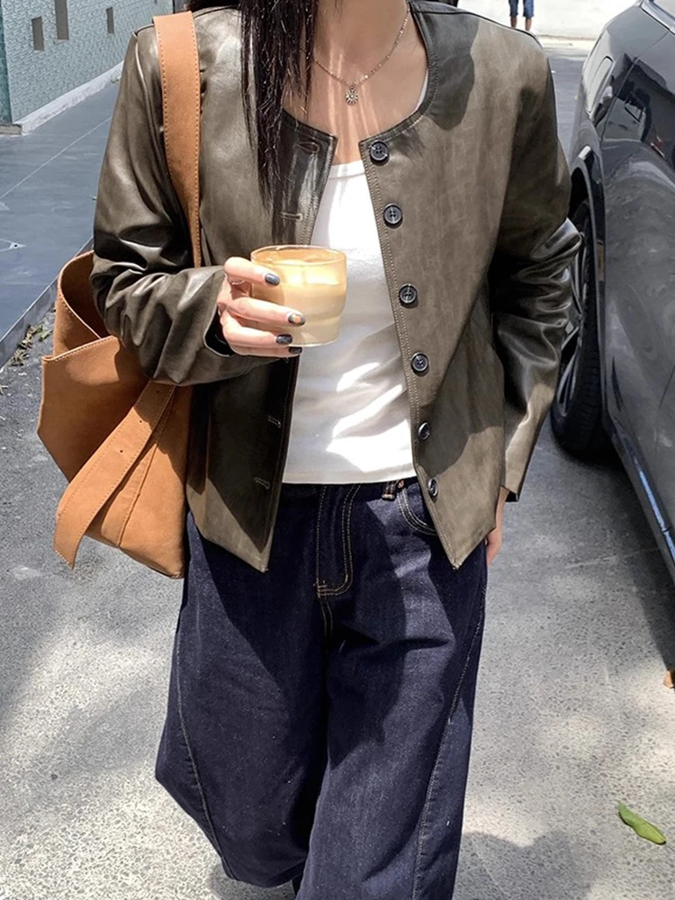

Women's Vintage O Neck Long Sleeve Single Breasted Pu Leather Loose Jacket Lady Spring Autumn Solid Color Faux Leather Outwear