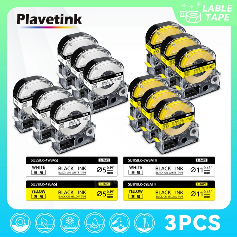 3PK Совместимые термоусадочные трубки для этикеток SU5S SU5Y LA-4WBA5 LA-4YBA5 Epson/Kingjim SU11S SU11Y для этикеточных принтеров Epson LW-300 400 600