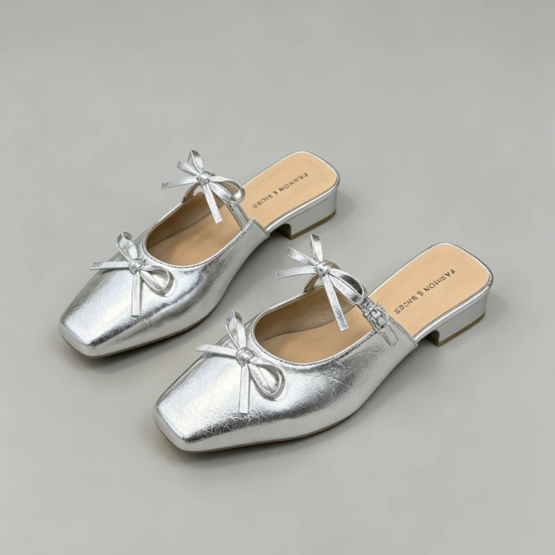 

Bow Women Slippers Square Toe Chunky Mules Shoes Elegant Slingback Sandals 2026 New Fashion Dress Flip Flops Summer Woman Shoes
