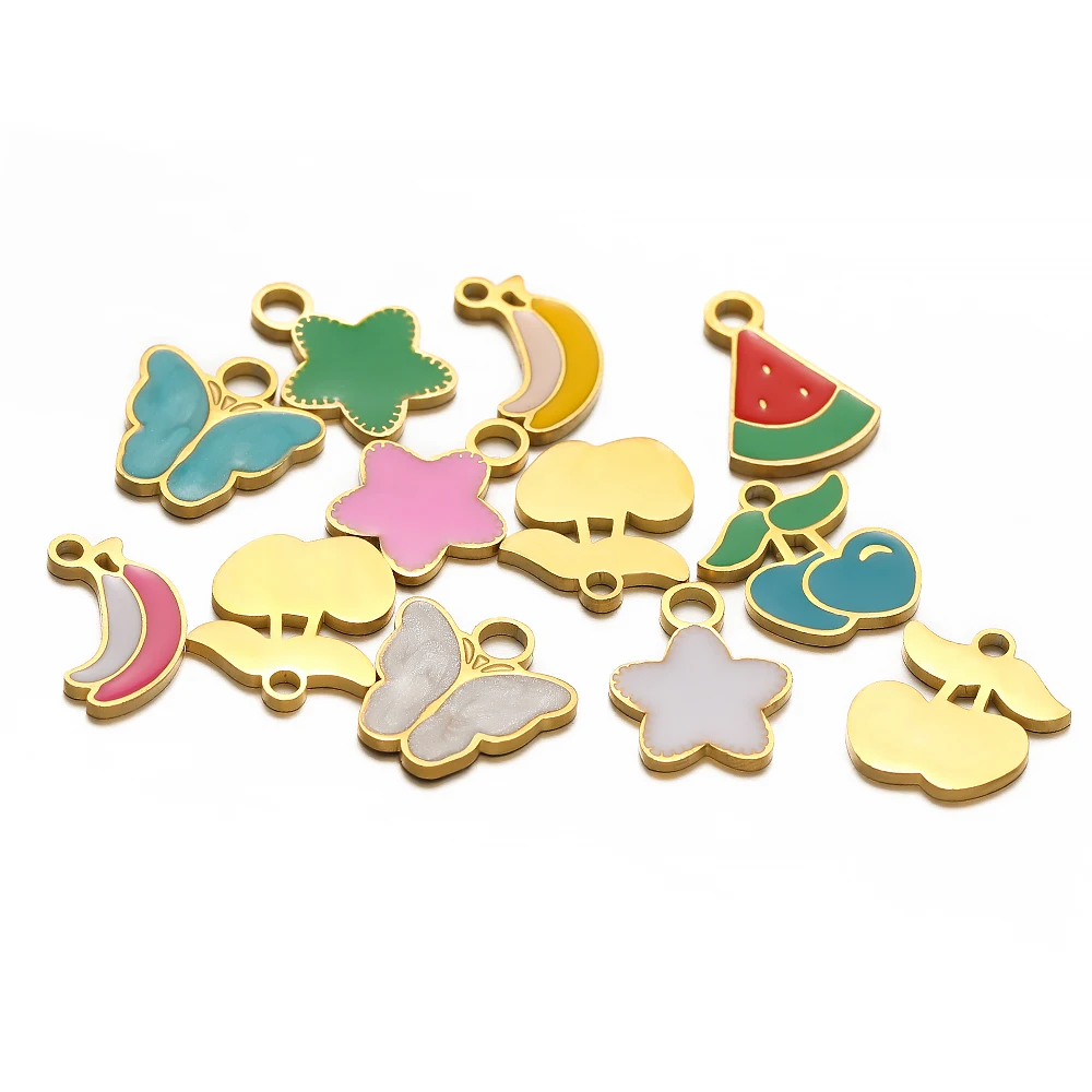 5 Stück Edelstahl-Charms mit süßen Bananen- und Wassermelonen-Motiven, Emaille-Anhänger, Kirsch-Anhänger, DIY-Schmuckzubehör, für die Herstellung von Kinderhalsketten und Ohrringen – Detail 6