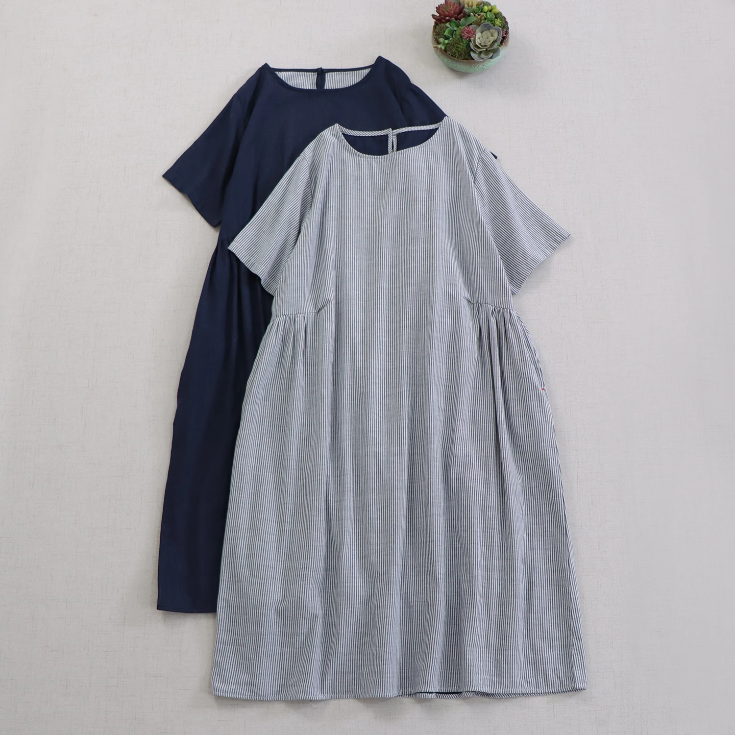 

Japanese Vintage Mori Girl Striped Double Layer Cotton Yarn Dress Women Summer O-Neck Short Sleeve Casual Loose Midi Dresses