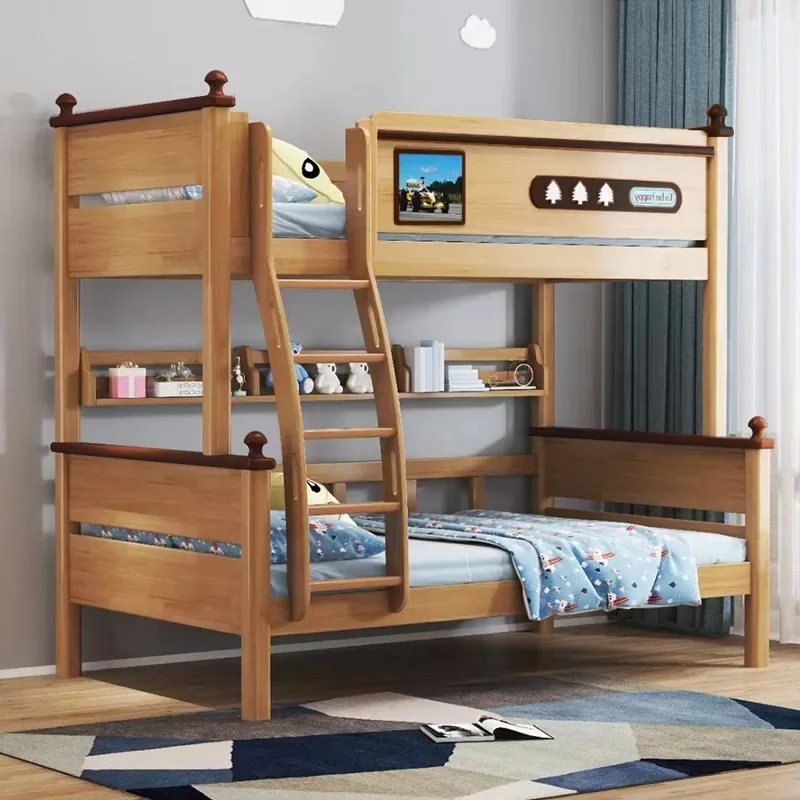 Factory Direct 2026 Log color, all solid wood, upper and lower bunk, double-layer mother-child bed, two-layer high and low bed,