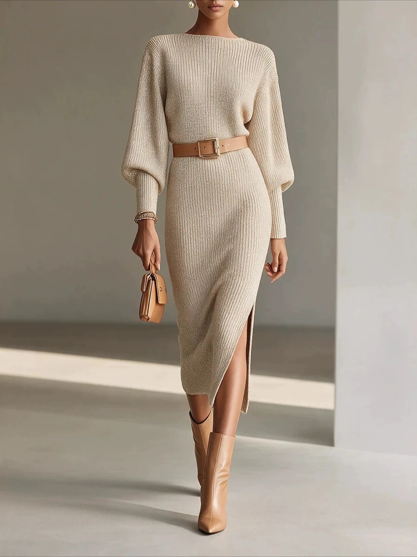 New Elegant One Necked Long Sleeved Sweater with Lantern Sleeves Waist Cinched Fashionable Knitted Dress with Belt Included