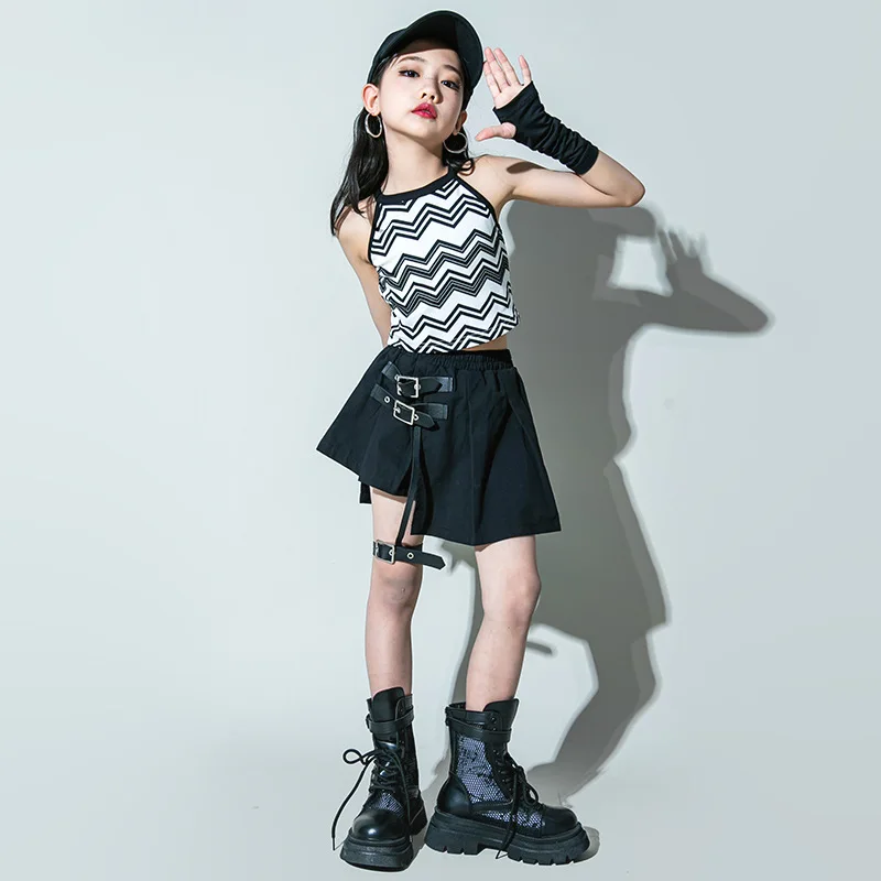 

Kid Kpop Hip Hop Clothing Wave Print Crop Tank Top Black Pleated Strap Buckle Skirt Mini for Girls Jazz Dance Costumes Clothes