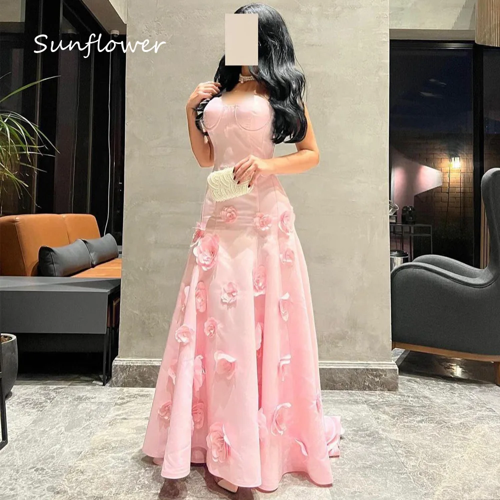 

Sunflower Simple Pink Strapless A-LINE Formal Evening Dress Saudi Arabia 2024 Slim 3D Flowers Satin Floor-Length Prom Dress