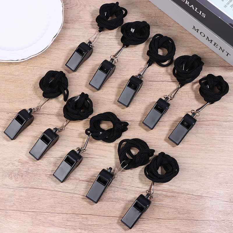 

{MX} 2/5/10Pcs Outdoor Survival Black Whistle With Lanyard Portable Loud Sports Whistle For Football Basketball Referee Training