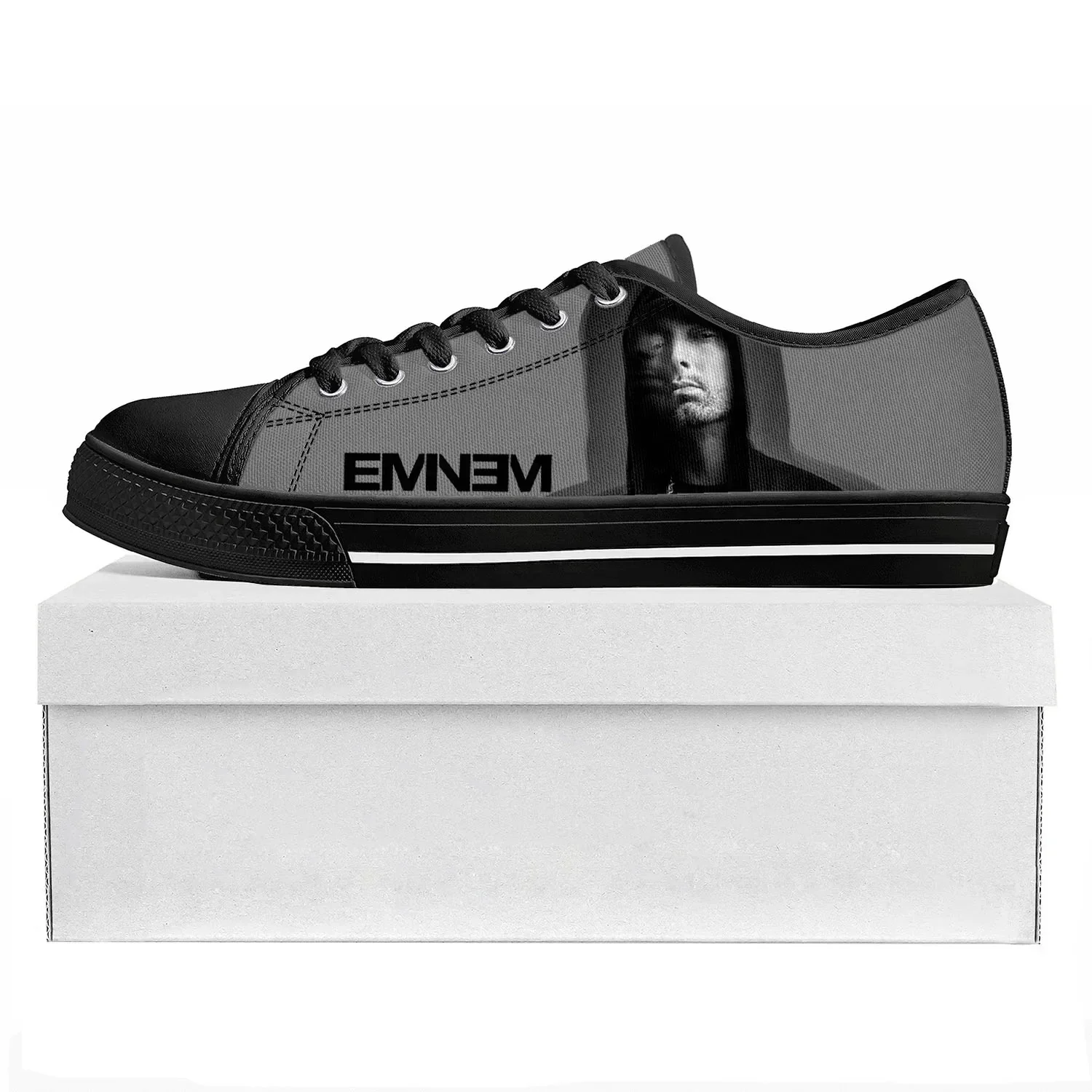 Eminem Rapper Hip Hop Low Top Popular Sneakers Teenager Mens Womens High Quality Canvas Couple Shoes Custom Music Black Shoe