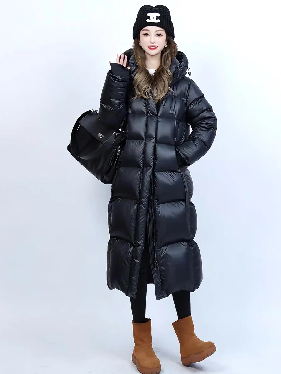 المرأة طويلة مقنعين البخاخ Jaet Bla Thi الدافئة الركبة طول معطف الشتاء عادية Sle ثلاثية الأبعاد تصميم ستيريو الأبيض Du أسفل ملء