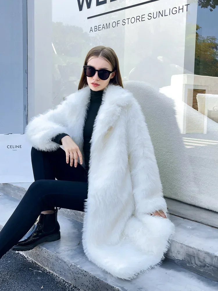 2024 Winter Fluffy Jacket Ladies Furry Warm Pink White Jacket Trench Coats Tops Women Solid Lapel Long Faux Fox Fur Coat