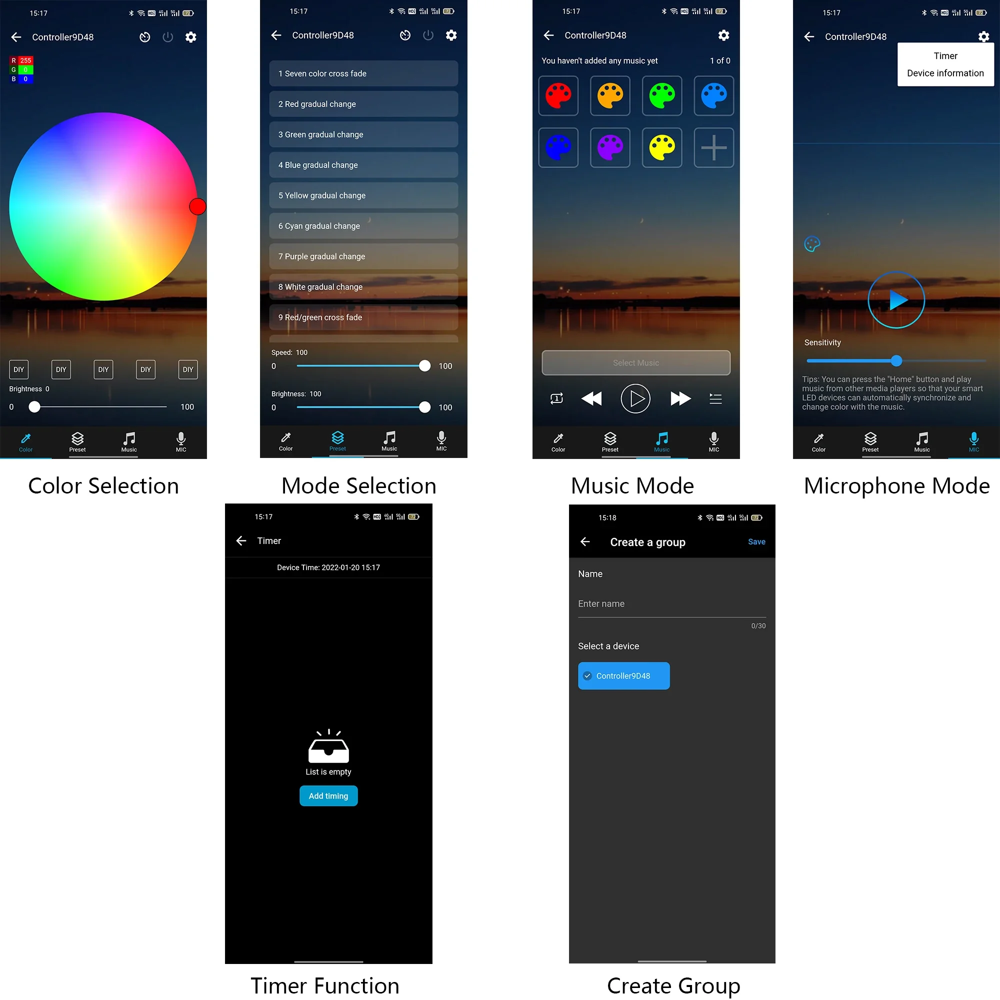 Mini RGB Bluetooth-compatible Controller Music LED Light Strip Controller for RGB Tape Lights Smart APP Control DC 5V 12V 24V