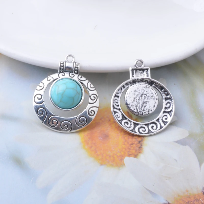 10pcs Antique Silver Color Alloy Imitation turquoise stone Round Connector Heart Water Drop  Leaf Charms Jewelry Pendants