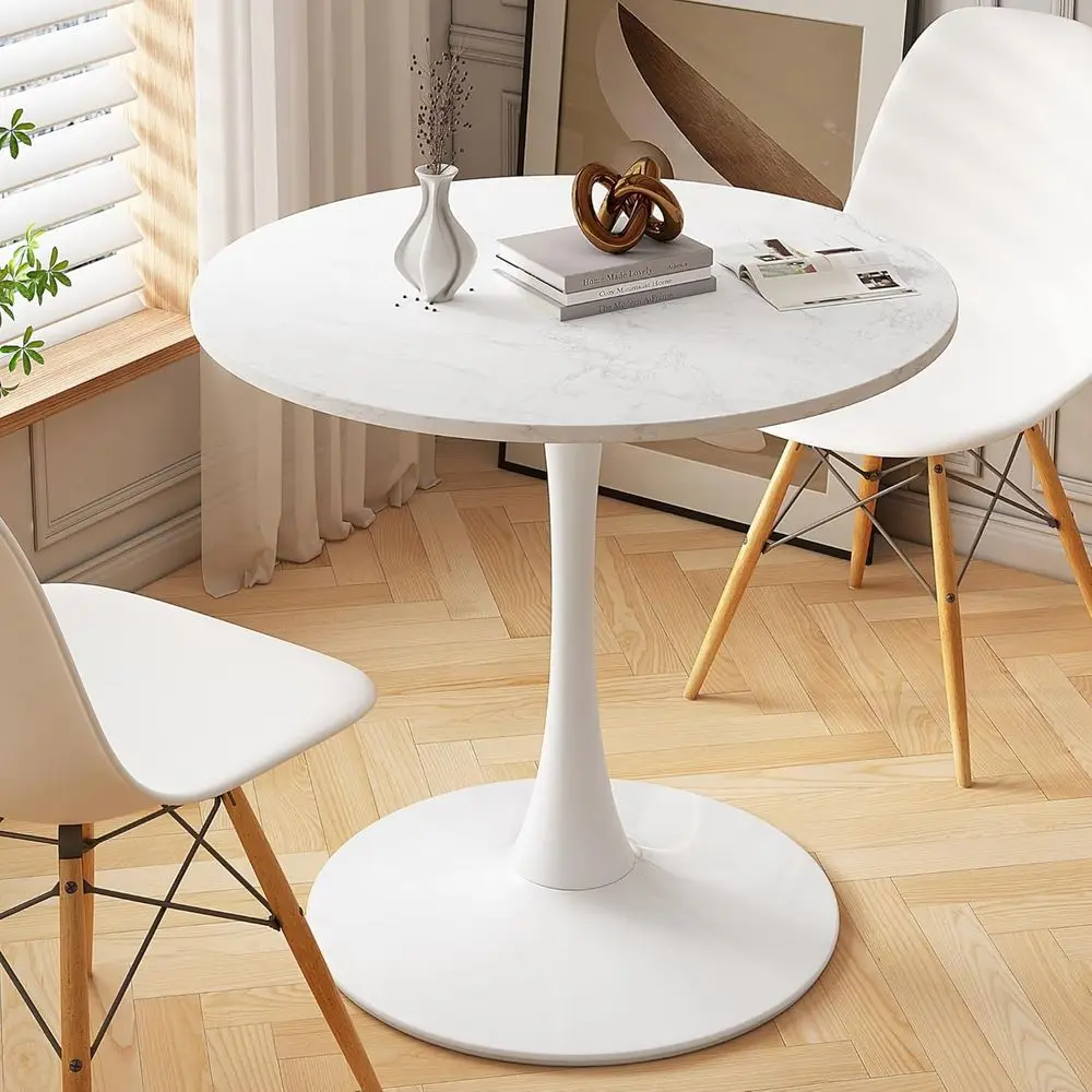 

Modern Round Dining Table with Printed Marble Top, Metal Base Pedestal Tulip Table for 2-4 Persons, Small Space Home, End Table,