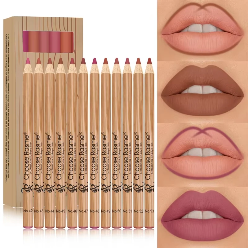 12 Colors Wooden Matte Lip Liner Pencil Set Waterproof Smudge Proof Longwear Nude Lip Outline Makeup Pencil