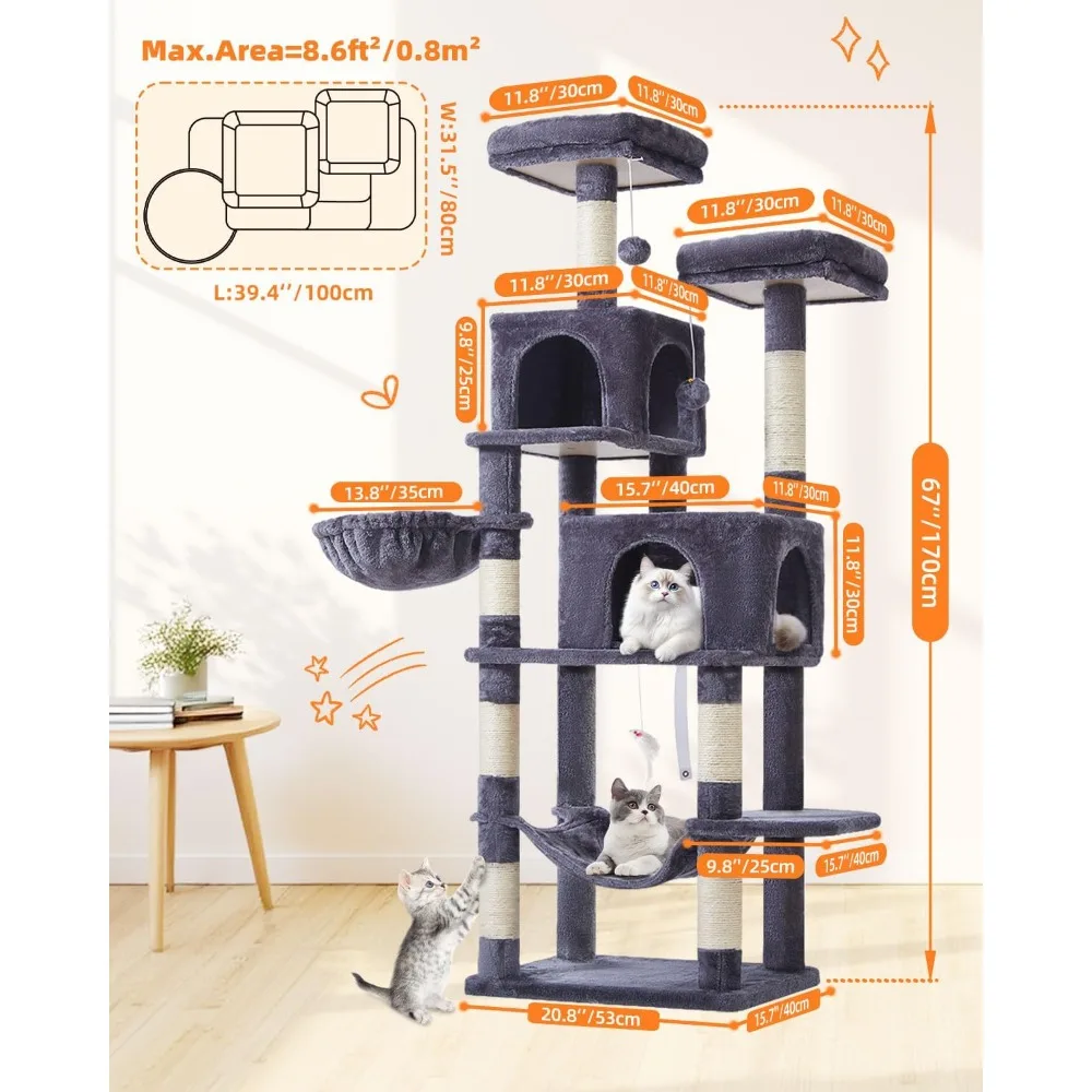

Cat Tree, 66.2-Inch Cat Tower for Indoor Cats, Plush Multi-Level Cat Condo with 12 Scratching Posts, 2 Perches, 2 Caves, Hammock