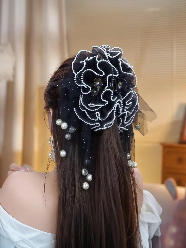 

New Mesh Flower Hair Claw Imitation Pearl Tassels Hair Clip High-end Versatile Ponytail Hairpin For Women Hair Accessories