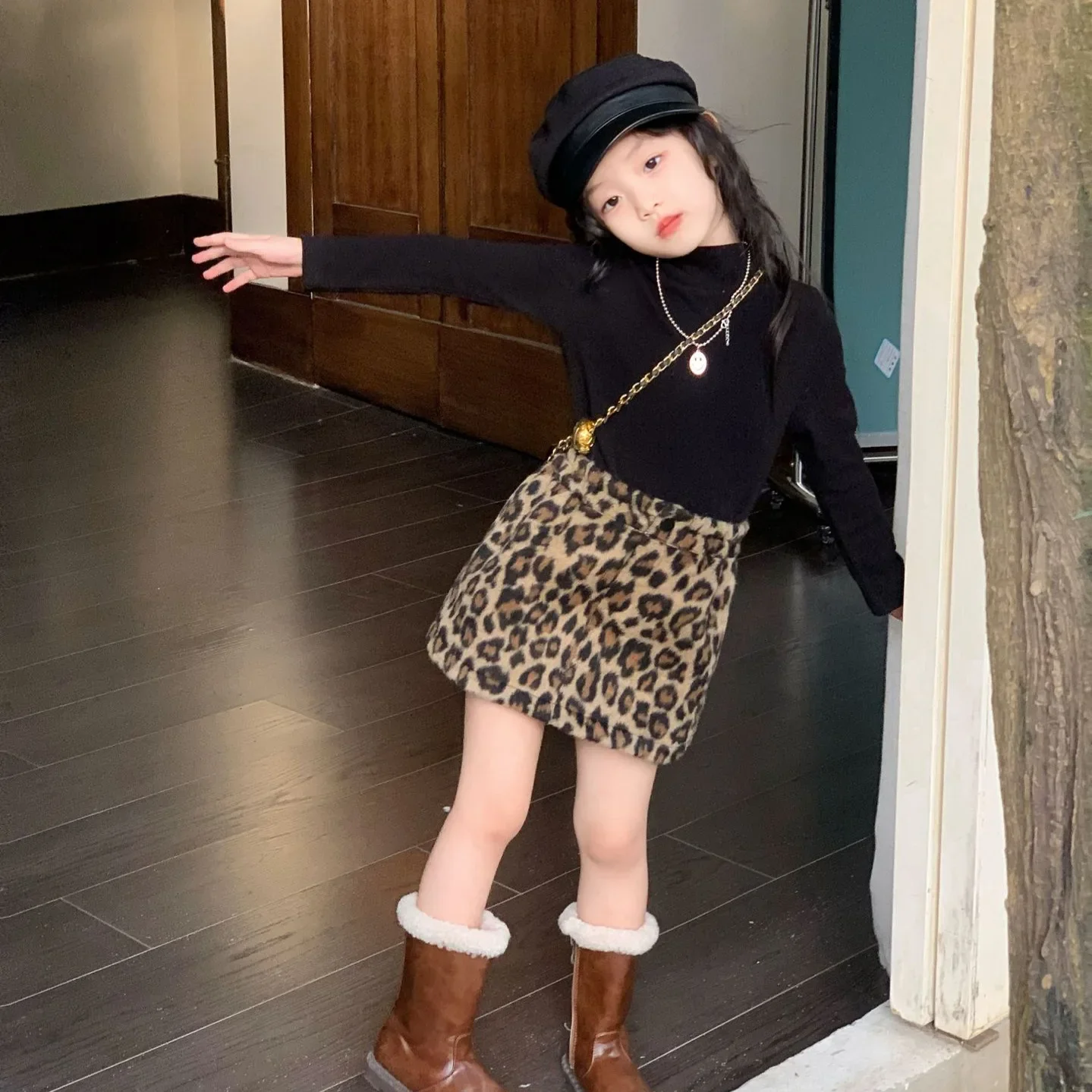 Girls Skirts 2024 Winter New Childrens Clothes Korean Style Baby Girls American Retro Leopard Fur Skirt Casual Simple Daily