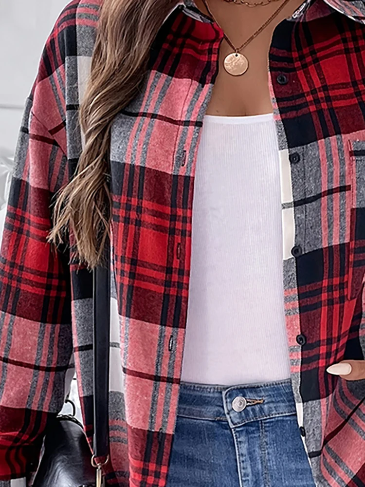 Plus Size Women Plaid Jacket Color Blocking Design Simplicity Fashion Versatile Flip Collar Single Breasted Button Plaid Coat