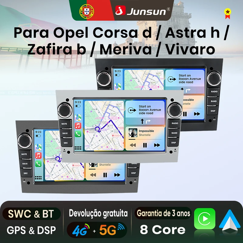 Autoradio Android 7 pouces Junsun, CarPlay sans fil, Android Auto, stéréo pour Opel Vauxhall Astra H G J Zafira B Corsa C Antara Vectra Vivaro Meriva Combo Signum Tigra TwinTop, WiFi, GPS, Navi, SWC, 4G-LTE, Bluetooth, écran tactile multimédia, unité principale