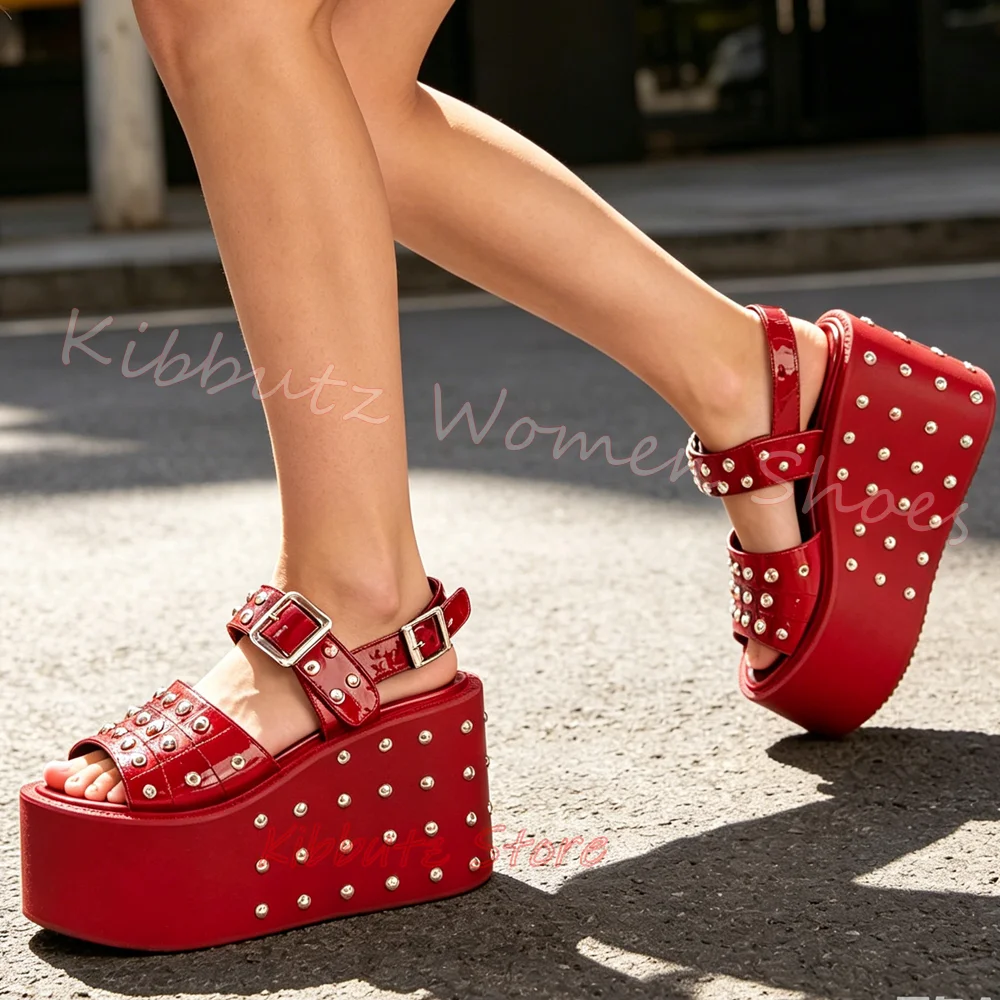 Platform Wedge Sandal Open Toe Studded Ankle Strap Buckle Gothic Punk Style Leather Solid Color Women Shoes Fashion Elegant Sexy