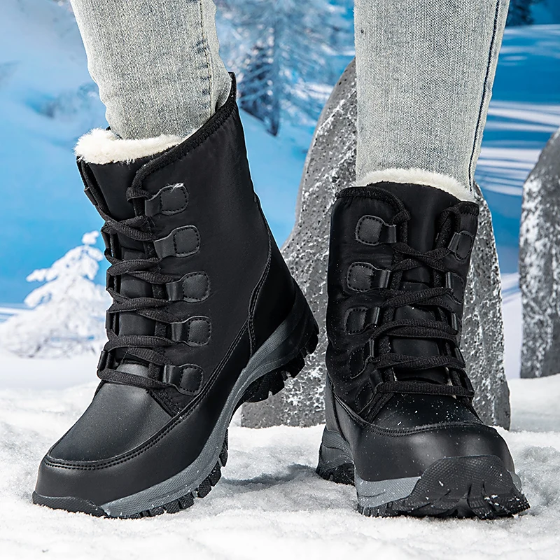 

High quality Snow Boots Women Lace-up Waterproof Antiskid Lady Outdoor Ankle Boots big size Warm Mid-Calf Winter Boots Black