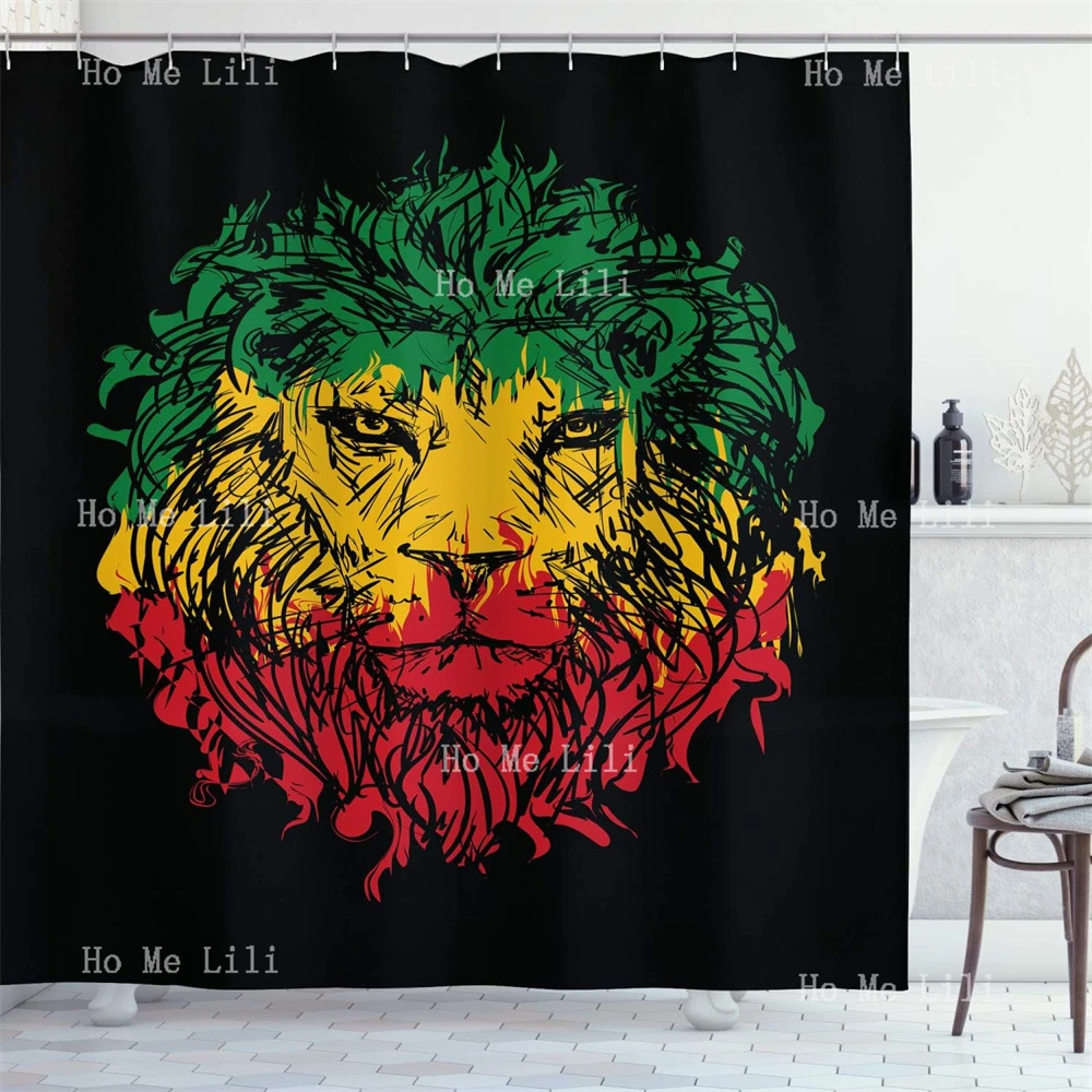 Rasta Shower Curtain Ethiopian Flag Colors On Grunge Sketchy Lion Head Black Backdrop Fabric Bathroom Decor