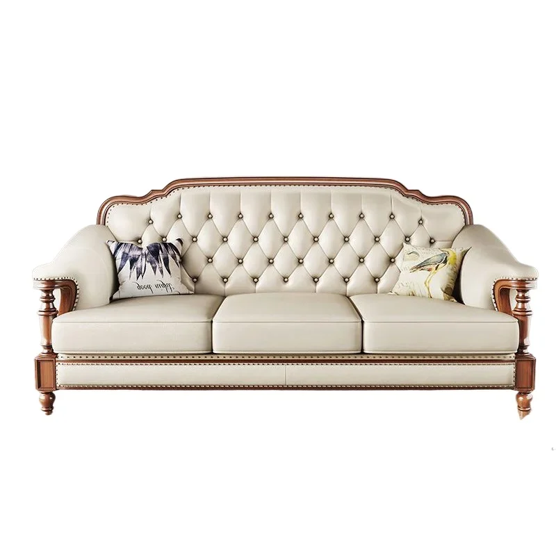American retro solid wood leather sofa 123 combination first layer cowhide simple villa furniture four people
