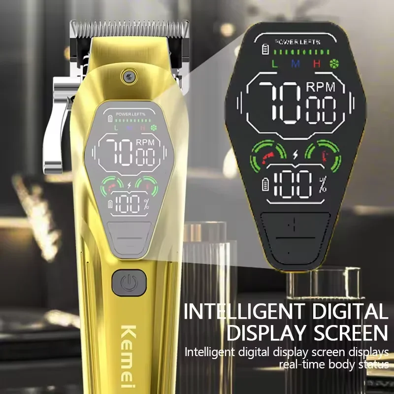 Kemei KM-1698 مقص الشعر للرجال 9000 دورة في الدقيقة 10 واط عالية الطاقة كامل المعادن DLC شفرة LED عرض المهنية قص الشعر المتقلب