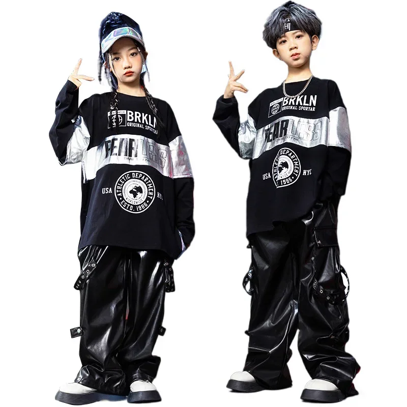 Children Grils Boys Hip Hop Loose T-shirt Leather Pants 2 Piece Sets Kids T Shirt Trousers Costumes Tracksuits Stage Clothing
